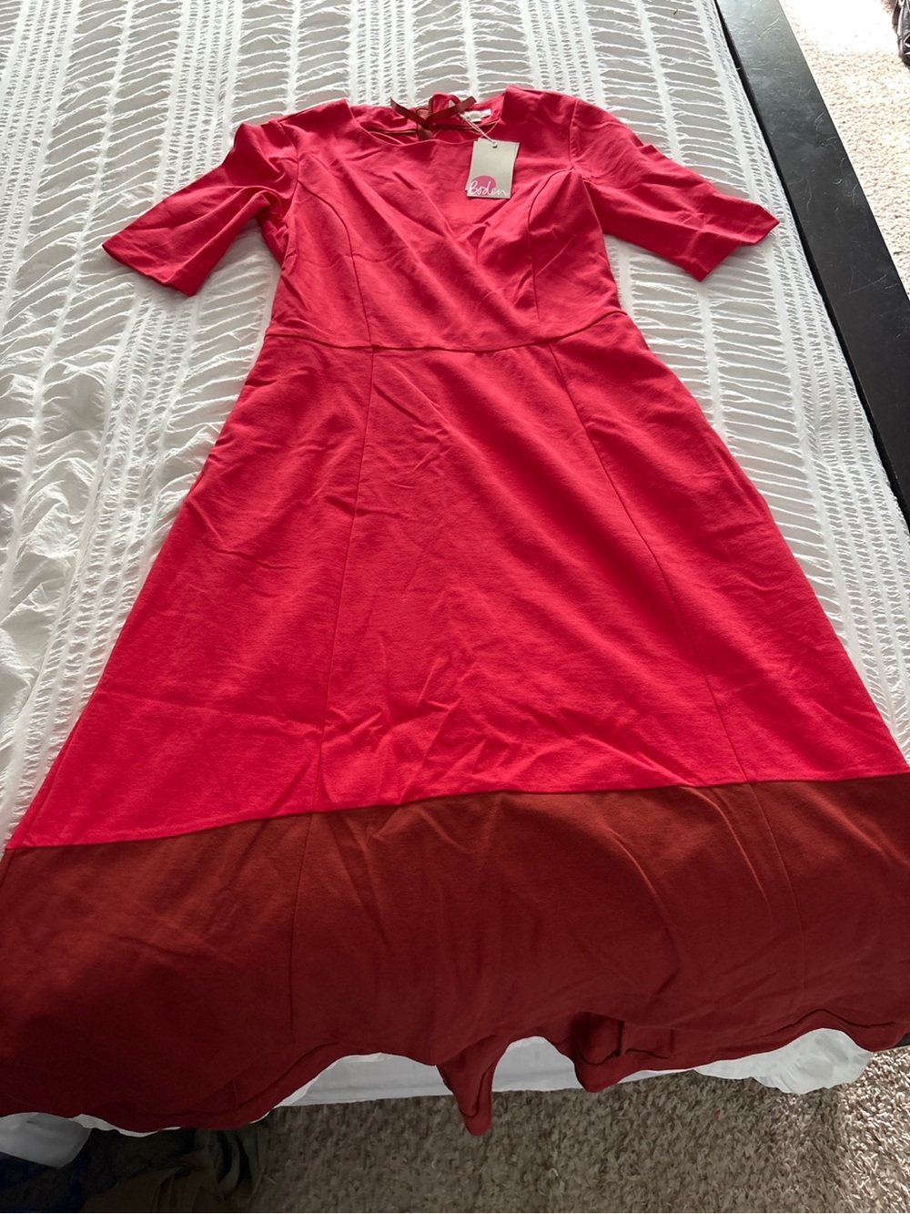 Boden Coral, Point of Ponte Fit & Flare Midi Dress with Red/Brown Hem